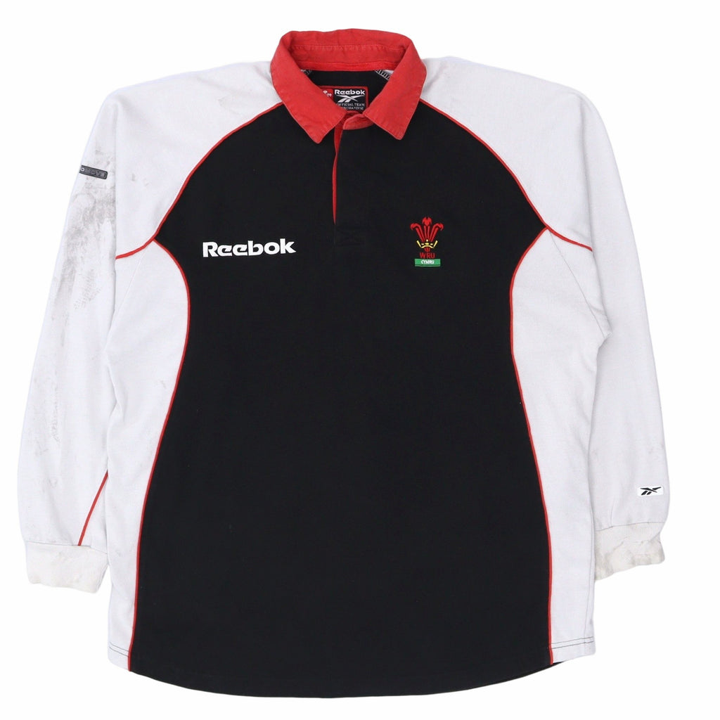 Reebok 90's Wales Rugby Polo Long Sleeve Sweatshirt Small Black