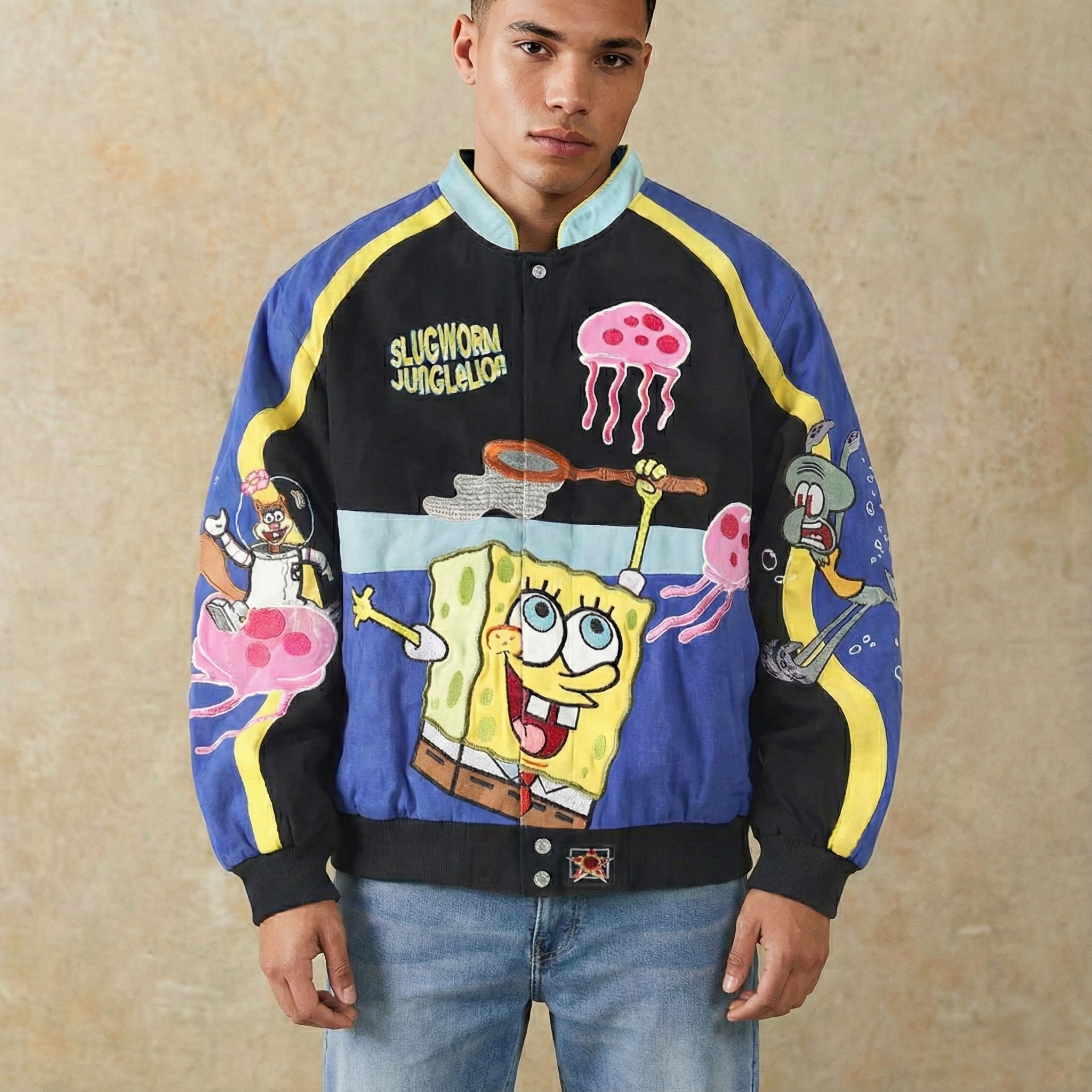 Vintage SpongeBob Embroidered Jacket – Jellyfishing Cartoon Bomber