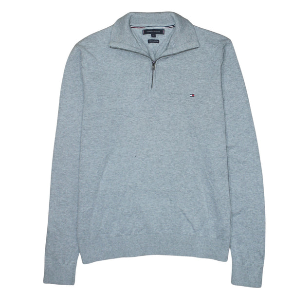 Tommy Hilfiger Light Grey Quarter Zip Sweatshirt Women's XLarge Embroidered Flag Logo Pullover Jumper