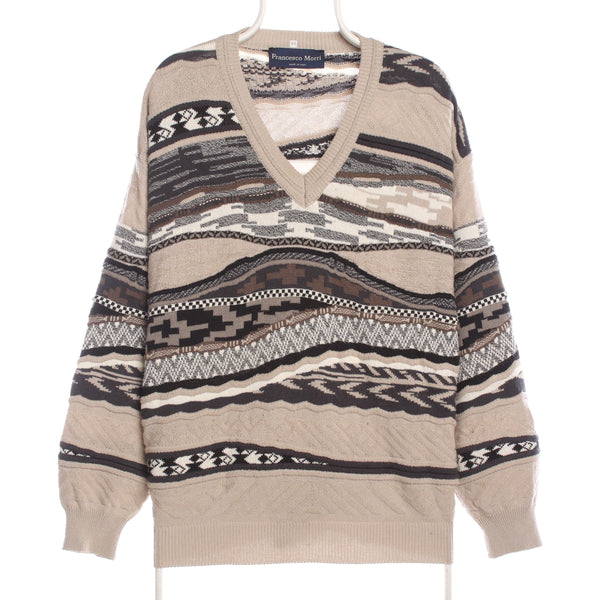 Francesco Morri 90's Coogi Style V Neck Knitted Jumper / Sweater XLarge Beige Cream