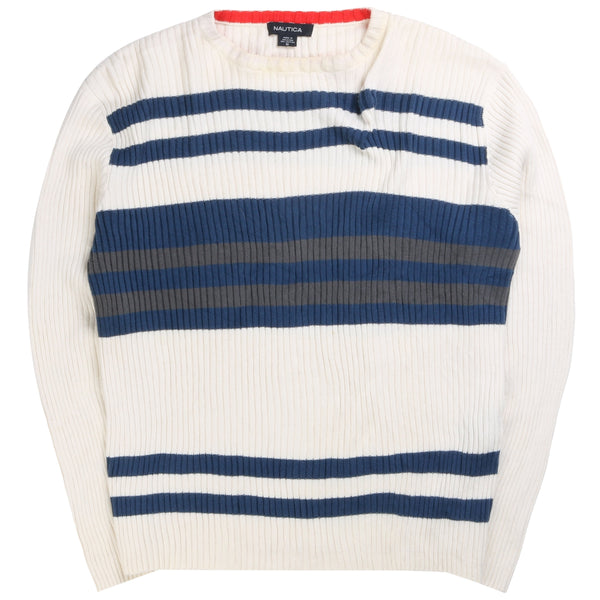 Nautica  Striped Knitted Crewneck Jumper / Sweater Small Beige Cream