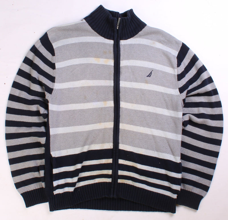 Nautica  Striped Full Zip Up Jumper / Sweater Large Grey