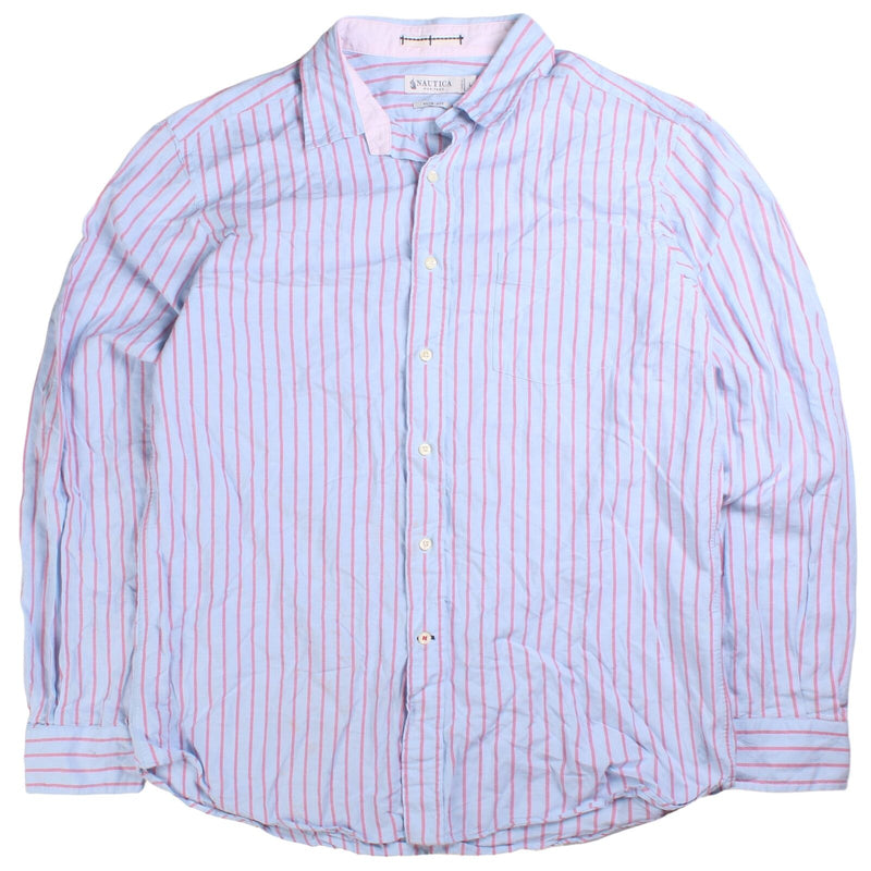 Nautica Stripped Button Up Long Sleeve Shirt Men's Large Blue