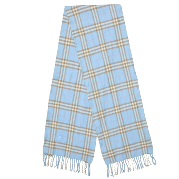 Burberry Light Blue Check Scarf Men's One Size Tassel Hem Embroidered Logo Accessory