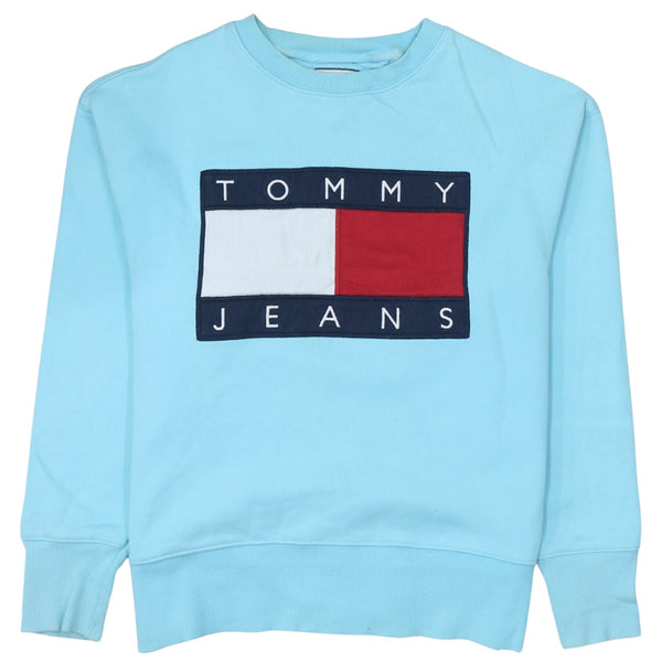 Tommy Jeans Light Blue Sweatshirt Men's Small Big Flag Logo Embroidered Front Pullover