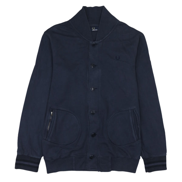 Fred Perry Navy Blue Sweatshirt Women's Large Button Front Embroidered Logo Pockets Jacket Top