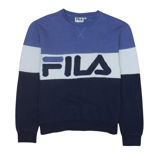 Fila Blue Colourblock Sweatshirt Women's Large Embroidered Logo Crewneck Pullover Top