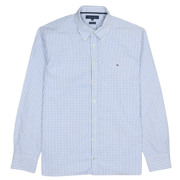 Tommy Hilfiger Light Blue Check Shirt Men's XXLarge Embroidered Flag Logo Long Sleeve Button Up