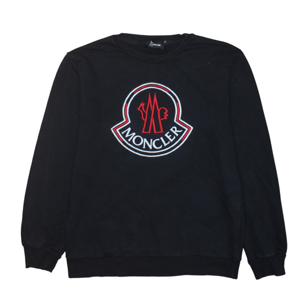 Moncler Black Sweatshirt Women's XLarge Embroidered Big Logo Crewneck Pullover Jumper