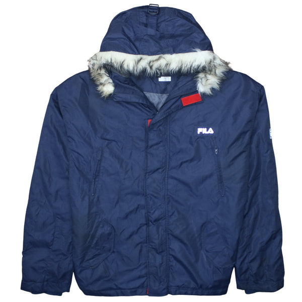 Fila Navy Blue Parka Men’s XLarge Faux Fur Hood Embroidered Logo Zip Pockets Jacket