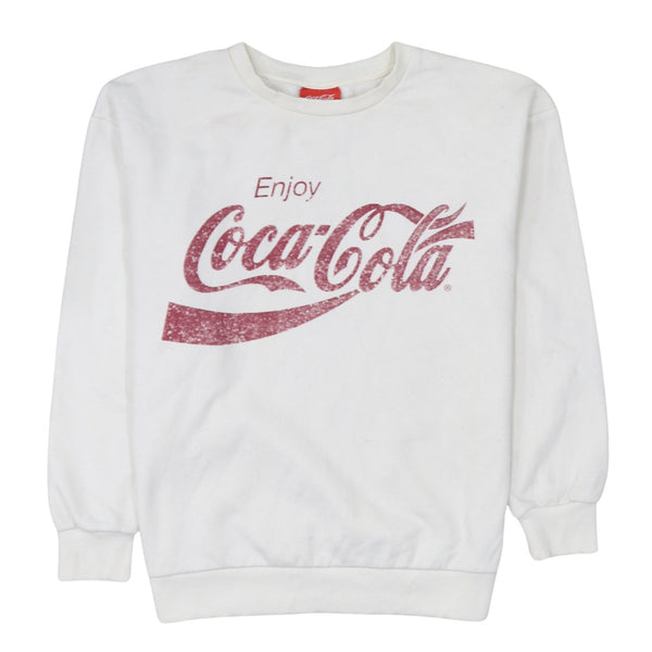 Coca Cola Cream Sweatshirt Women's Medium Printed Enjoy Logo Ribbed Cuffs Pullover Top