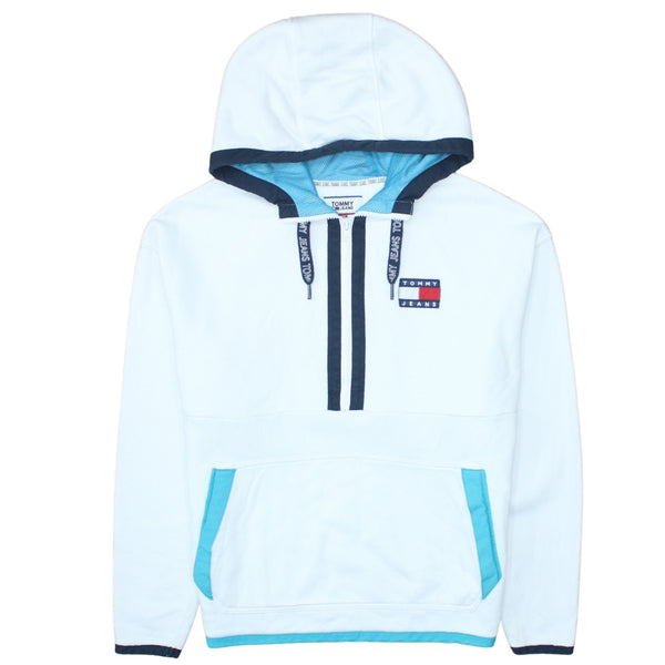 Tommy Jeans White Hoodie Men’s XSmall Embroidered Flag Logo Half Zip Pocket Pullover Sweatshirt