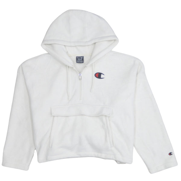 Champion White Hoodie Women’s Medium Half Zip Embroidered Logo Front Pocket Fleece Pullover