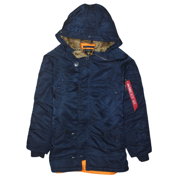 Alpha Industries Navy Blue Parka Jacket Women’s XXXSmall Hooded Fur Lining Zip Pockets Coat
