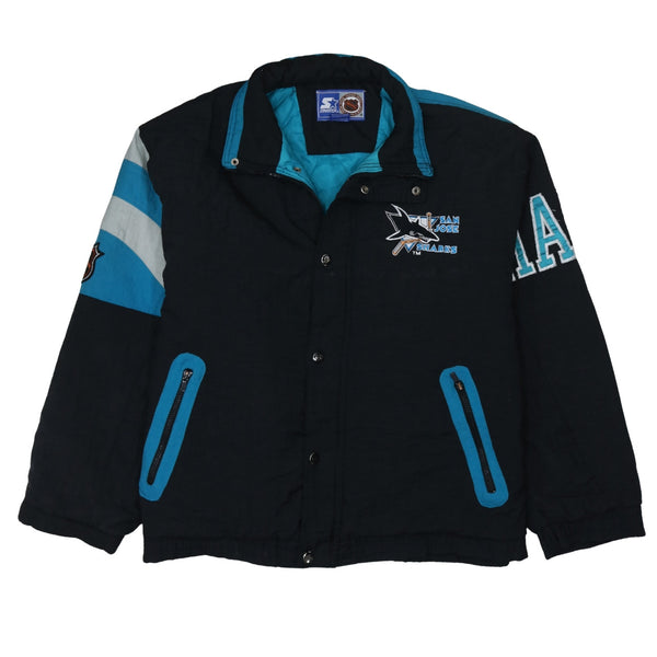 Starter Black Teal Windbreaker Jacket Men's XLarge San Jose Sharks Embroidered NHL Coat