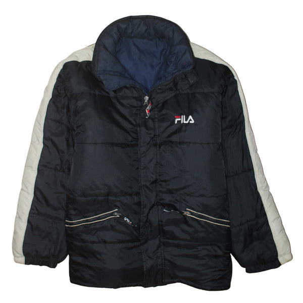 Fila Black Navy Reversible Puffer Jacket Men's XLarge Embroidered Logo Zip Pockets Outerwear