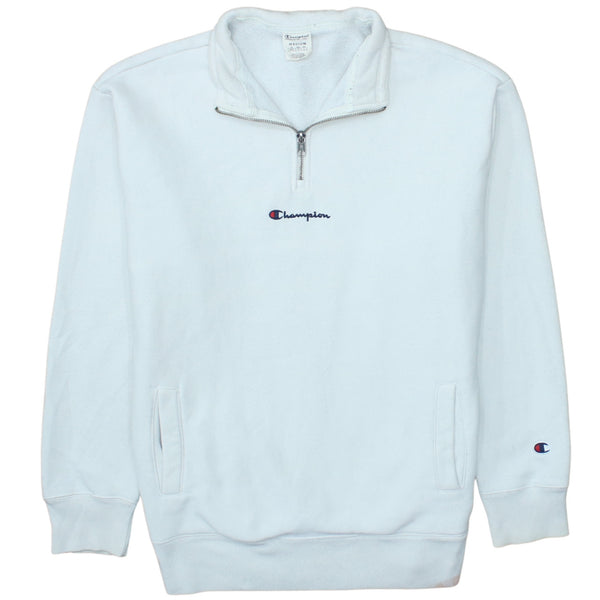 Champion White Quarter Zip Sweatshirt Men's Medium Embroidered Logo Front Pockets Pullover Fleece Top