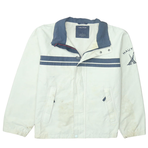 Nautica Beige Cream Windbreaker Jacket Men’s Large Embroidered Sleeve Logo Stripe Zip Outerwear