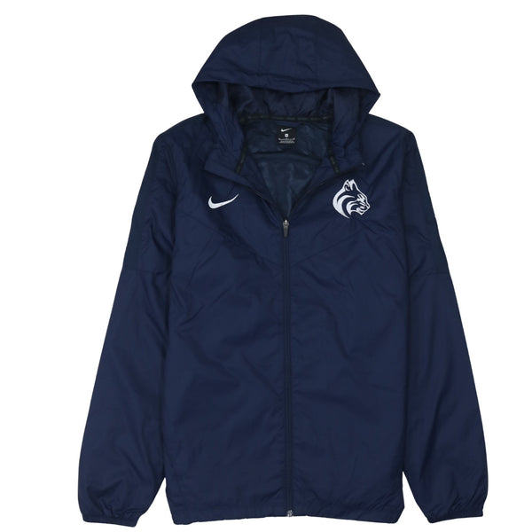Nike Navy Blue Hooded Windbreaker Men’s Medium Printed Swoosh Logo Zip Jacket
