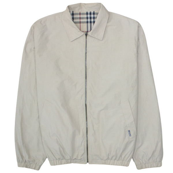 Retro Beige Cream Windbreaker Jacket Men's XLarge Zip Pockets Checked Lining Harrington Outerwear