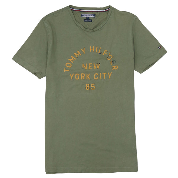 Tommy Hilfiger Khaki Green T Shirt Women’s Medium Printed New York City Logo Tee
