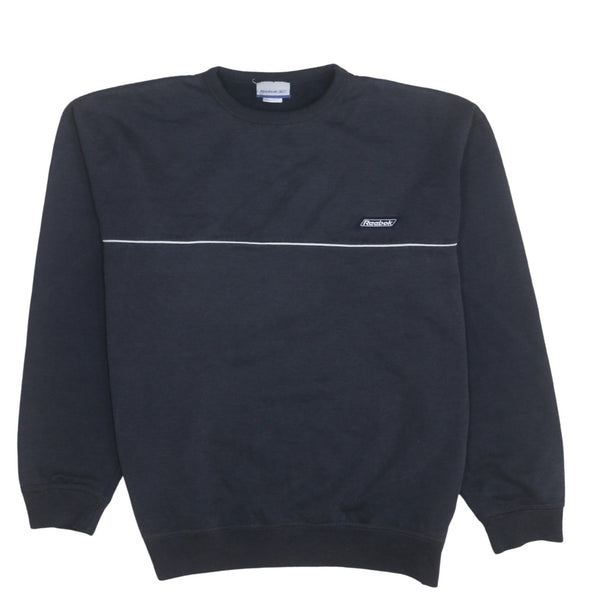 Reebok Black Sweatshirt Men's Large Embroidered Chest Logo White Piping Crewneck Pullover