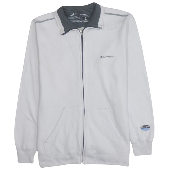 Champion White Zip Sweatshirt Men's Large Embroidered Logo Pockets Contrast Collar Fleece Top