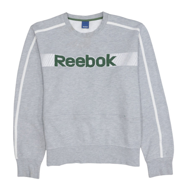 Reebok Grey Sweatshirt Men's Medium Embroidered Logo White Stripe Sleeves Crewneck Pullover