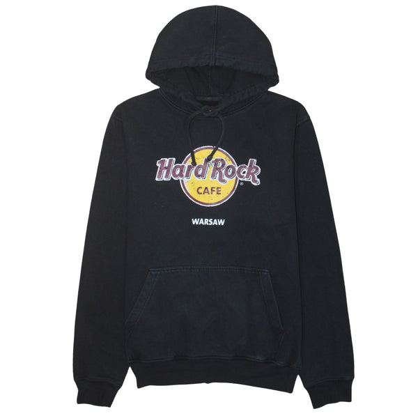 Hard Rock Cafe Black Hoodie Women’s Large Printed Warsaw Logo Fleece Pullover Sweatshirt