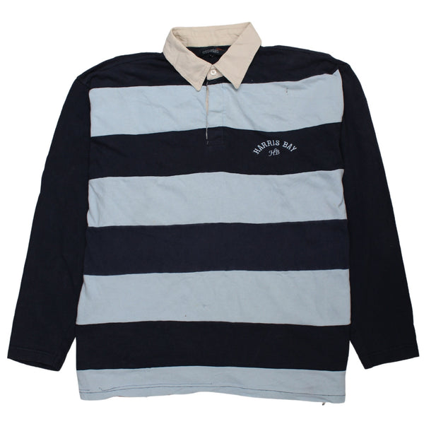 Essentials 90's Striped Quater Button Polo Shirt Large Navy Blue