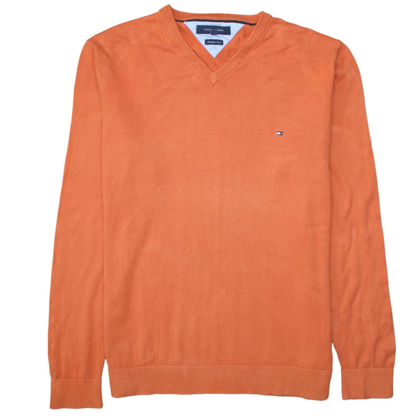 Tommy Hilfiger Orange V Neck Jumper Men’s XXLarge Small Flag Logo Knit Sweater