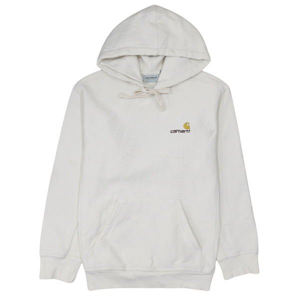 Carhartt Cream Hoodie Men’s Small Embroidered Script Logo Front Pouch Pullover Sweatshirt