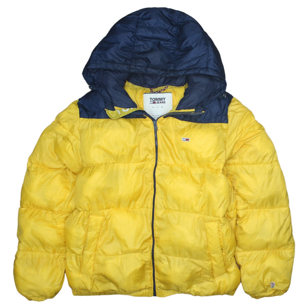 Tommy Jeans Yellow Navy Puffer Jacket Men’s XLarge Hooded Zip Pockets Small Flag Logo Coat