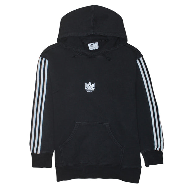 Adidas Black Hoodie Women’s Small Embroidered Trefoil Logo Three Stripe Sleeves Pullover Sweatshirt