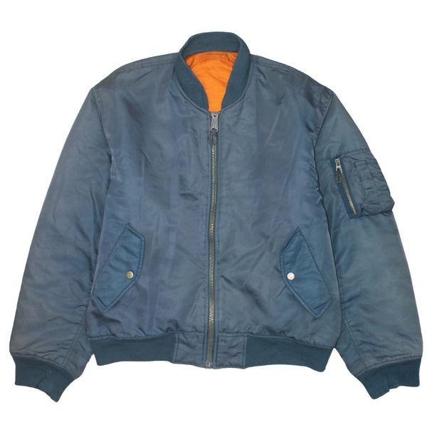 Retro Navy Blue Bomber Jacket Men's Large Orange Lining Zip Pockets Ribbed Hem Outerwear