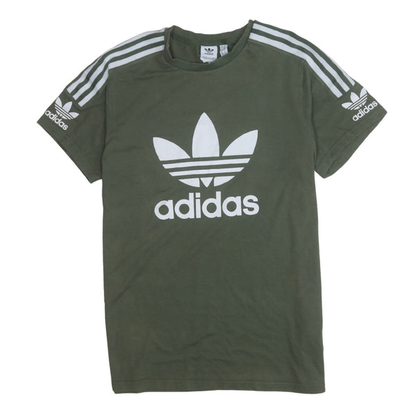 Adidas Khaki Green T Shirt Women’s Medium Trefoil Printed Logo Three Stripe Sleeves Tee