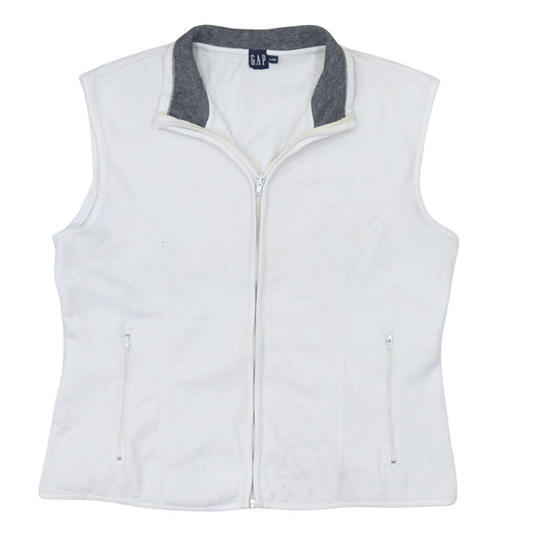 Gap White Fleece Gilet Women's XLarge Full Zip Pockets Contrast Collar Sleeveless Vest