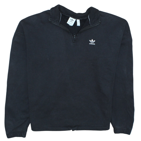 Adidas Black Quarter Zip Sweatshirt Women's Small Embroidered Trefoil Logo Tape Sleeves Pullover