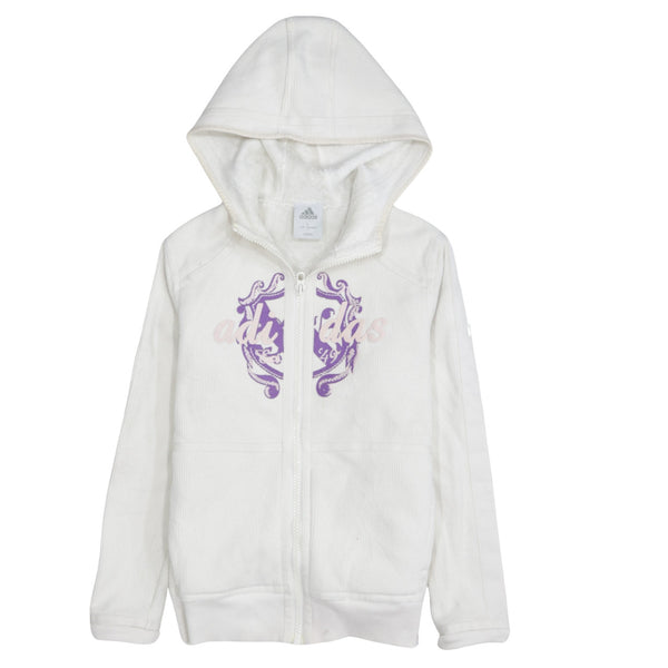 Adidas Cream Zip Hoodie Women’s Large Printed Crest Logo Fleece Lined Sweatshirt