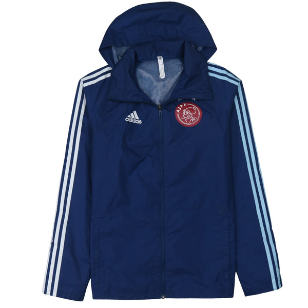 Adidas Navy Blue Hooded Windbreaker Men's Small Ajax Crest Three Stripe Zip Jacket