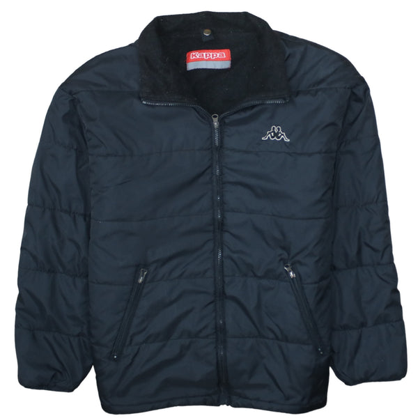 Kappa Black Puffer Jacket Men’s Large Embroidered Chest Logo Zip Pockets Fleece Lined Coat