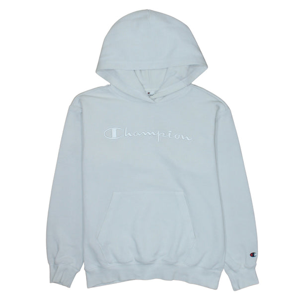 Champion White Hoodie Men's Small Embroidered Script Logo Front Pocket Pullover Sweatshirt