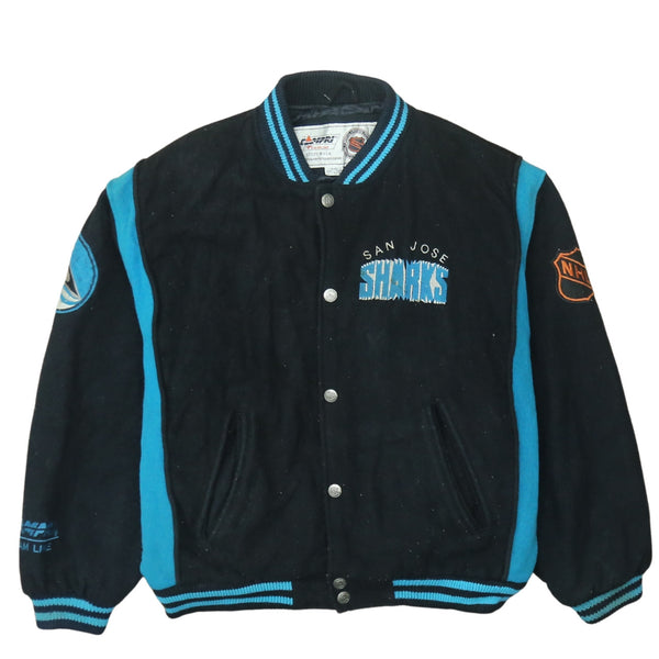 NHL Black Teal Varsity Jacket Men's Large Embroidered San Jose Sharks Logos Snap Bomber Outerwear