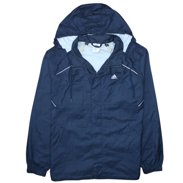 Adidas Navy Blue Hooded Windbreaker Men's Large Embroidered Logo Zip Pockets Jacket