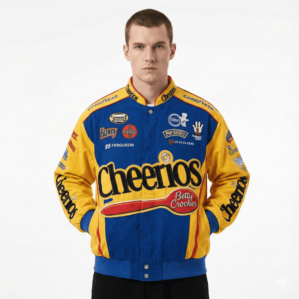 Cheerios Retro Racing Jacket – Yellow & Blue Motorsport Team Style