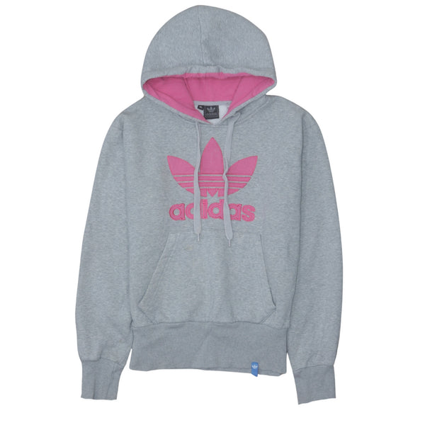 Adidas Grey Pink Hoodie Men's XLarge Embroidered Trefoil Logo Front Pocket Pullover Sweatshirt