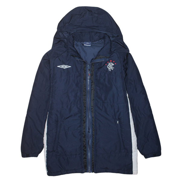 Umbro Navy Blue Hooded Windbreaker Men’s Small Rangers Embroidered Crest Zip Pockets Jacket