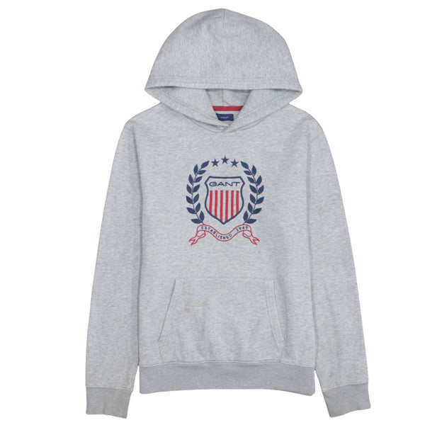 GANT Grey Hoodie Men's Small Crest Printed Logo Front Pocket Pullover Sweatshirt