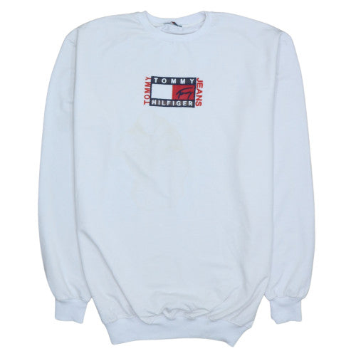 Tommy Hilfiger White Sweatshirt Women’s 3XL Embroidered Flag Logo Crewneck Pullover