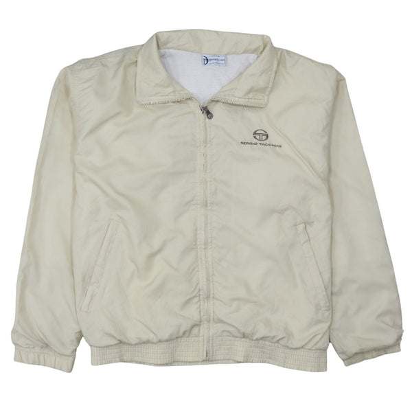 Sergio Tacchini Beige Cream Windbreaker Jacket Men's Large Zip Pockets Printed Logo Outerwear